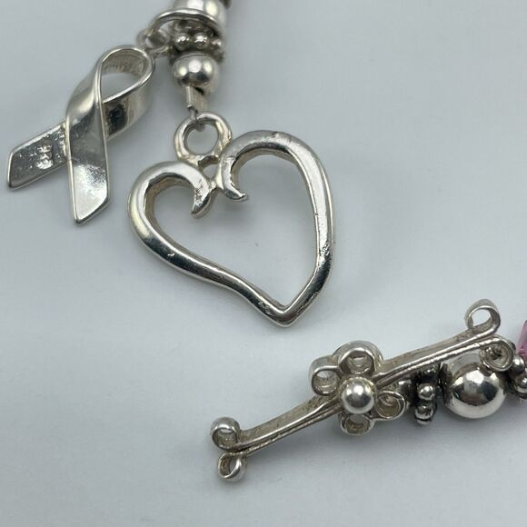 Bracelet Sterling Silver Flower Quartz Pink Crystal Beaded Breast Cancer Charm - Picture 6 of 8